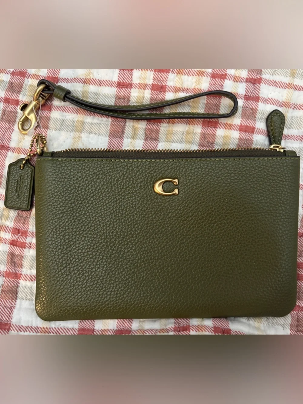 Coach Olive Green Polished Pebbled Leather Wristlet